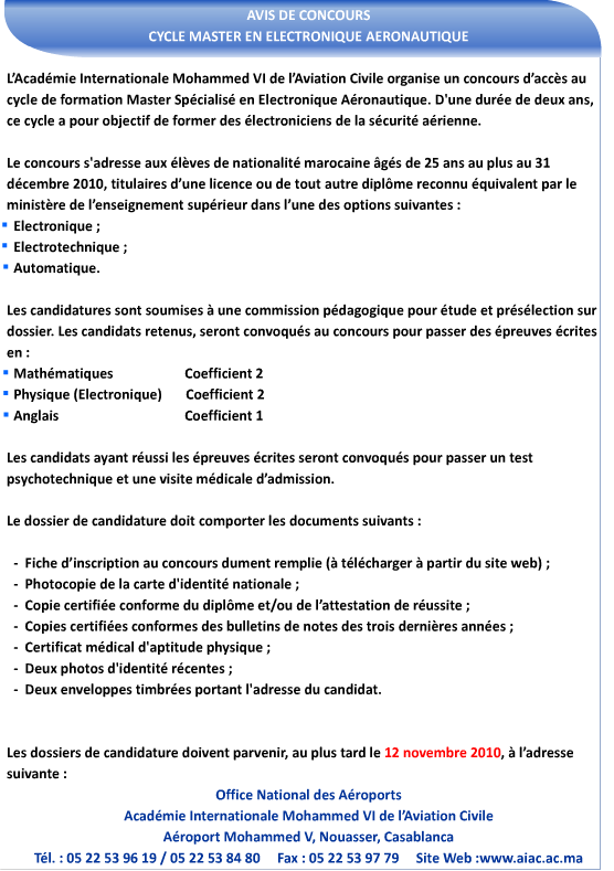 AIAC Casablanca 2010: Concours de master en électronique aéronautique.